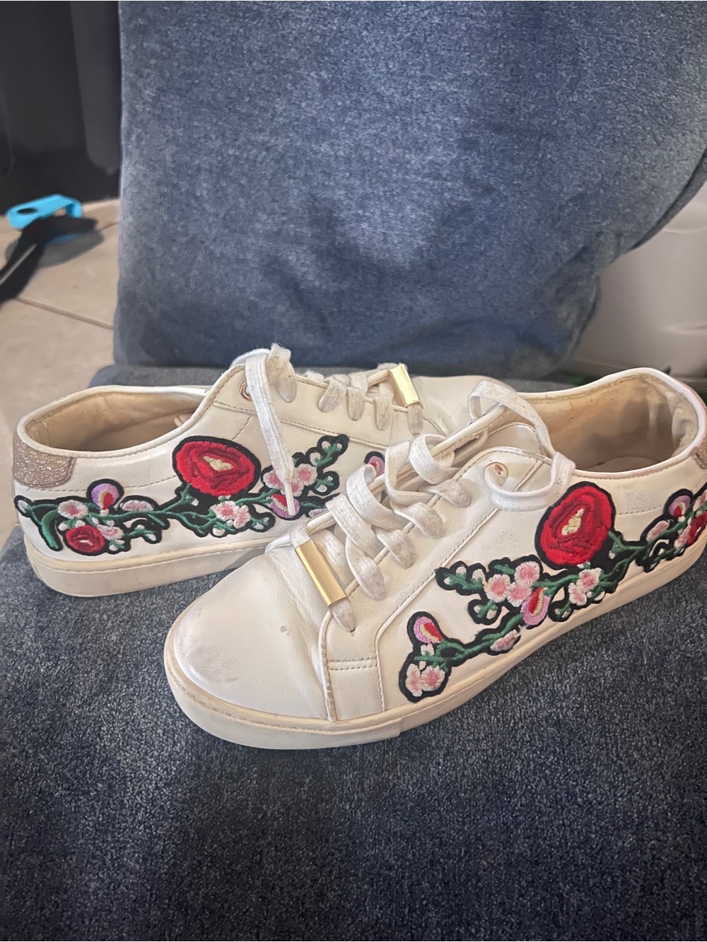 Aldo White Floral Embroidered Low-Top Sneakers